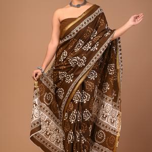 LOVWEAR Printed Ikkat Pure Cotton Saree (Brown)